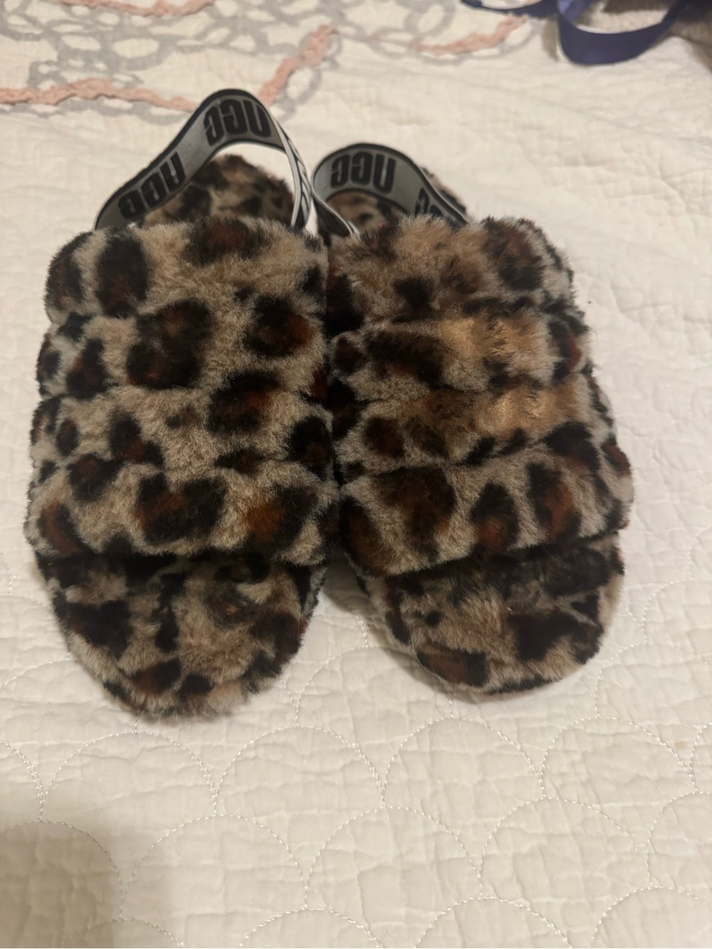 UGG Leopard Print Faux Fur Slide Sandals in Brown/Tan